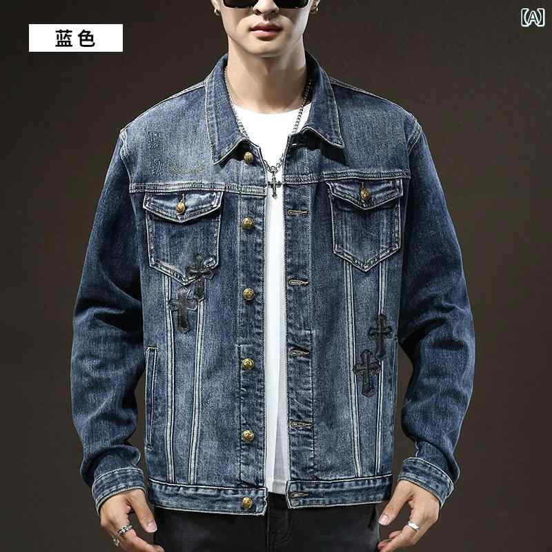 メンズ ファッション ストリート クロス パッチ デニム ジャケット レトロ ウォッシュ オールシーズン シングルブレスト 長袖 レジャー ポケット
