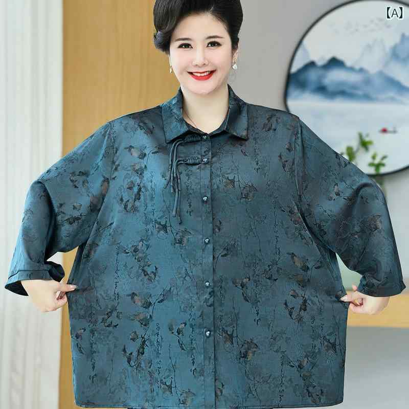 ママ 夏 薄手 ジャケット 高貴 サテン 春秋 大きめサイズ シャツ レディース ファッション 服 柄 華やか 花柄 チャイナ風 中華 中国 ボタン 襟 ゆったり メンズ 気品 上品