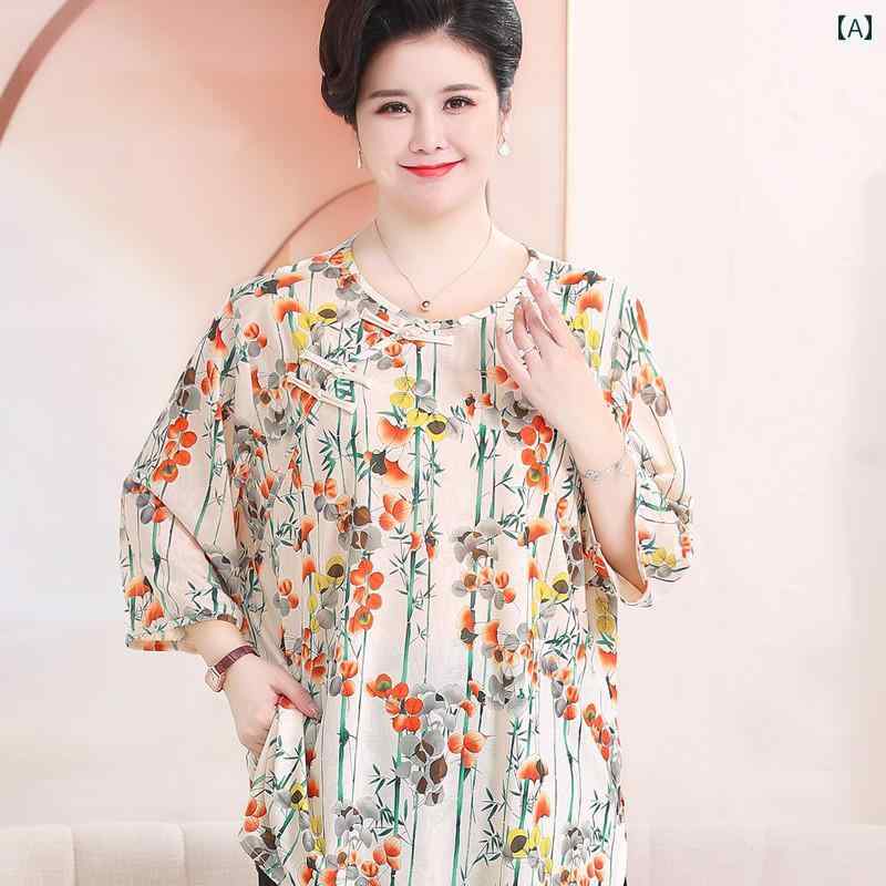夏 ひんやり 涼しい 快適 半袖 Tシャツ レディース 母 お腹カバー シャツ 体型カバー トップス 服 総柄 瘦身効果 チャイナ風 花柄 ゆったりタイプ 大きめ チャイナボタン ラウンドネック 薄手