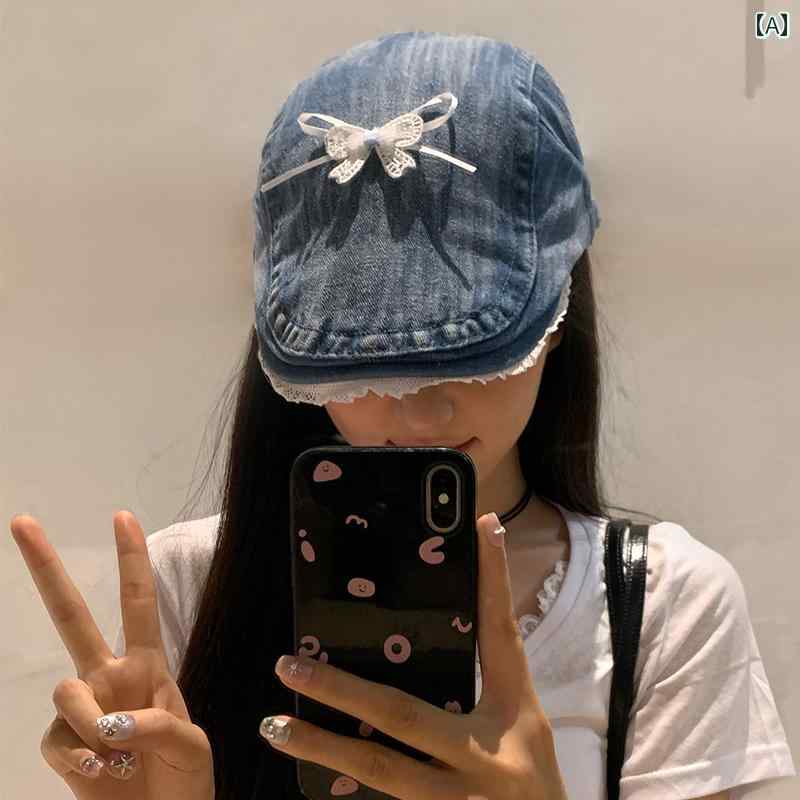 ハンチング帽 レディース リボン レディー レトロ ベレー帽 ティーンエイジャー デニム 帽子 キャスケット フリルエッジ 女の子(4)