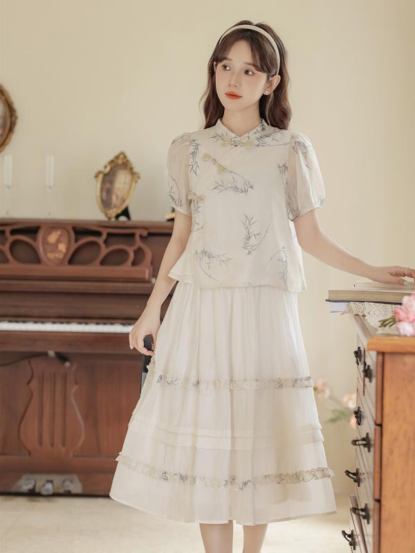 レディース レディース スカート トップス セットアップ 2点セット 夏 中華風 民族風 ナチュラル フェアリー ガーリー カジュアル リラックス 森ガール