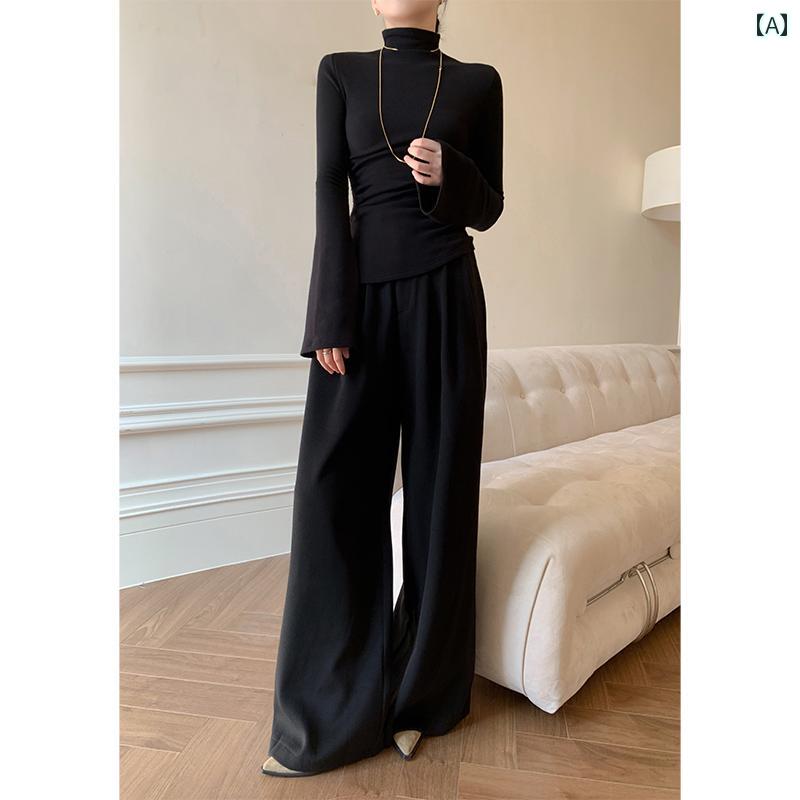 Cropped Pants - レディース パンツ ボトムス 秋冬 黒 ウール スボン ワイドレッグ ハイウエスト ドレープ 通勤 オフィス カジュアル レジャー モダン エレガント シック クラシック