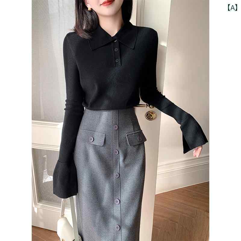 レディース シャツ 長袖 黒 春秋冬 フレンチ ポロ襟 セーター スリム カジュアル レジャー オフィス エレガント トップス スリムフィット シック モダン 綺麗め 袖口おしゃれ(4)