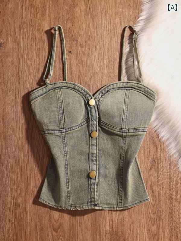 キャミソール ノースリーブ ショート丈 デニム 夏 タイトフィット スリム モダン カジュアルセクシー 魅惑 ナイトアウト 野外フェス レディース トップス