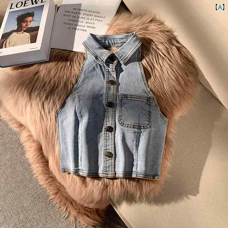 タンクトップ デニム ホルターネック キャミソール ノースリーブ ショート丈 夏 タイトフィット スリム モダン セクシー 魅惑 アーバン レディース トップス