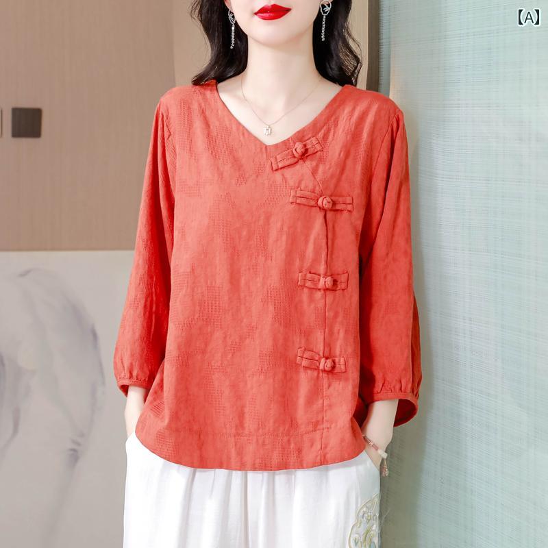 Other - レディース T シャツ 七分袖 夏 トップス 綿麻 ゆったり チャイナ風 バックル Vネック ママコーデ シンプル リラクシング バカンス 休日 カジュアル レジャー 着やい 清涼感