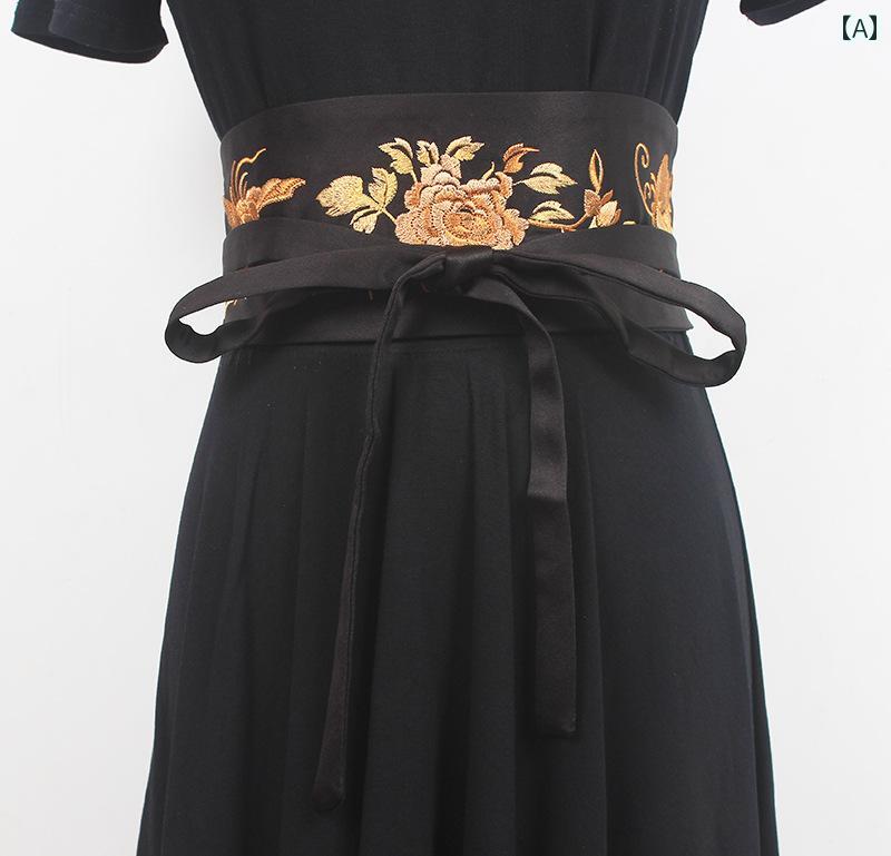 帯ベルト 幅広 ウエストマーク チャイナ風 刺繍 花柄 ベルト 白 赤 黒 ダークグリーン ワイド レディース 生地 ドレス