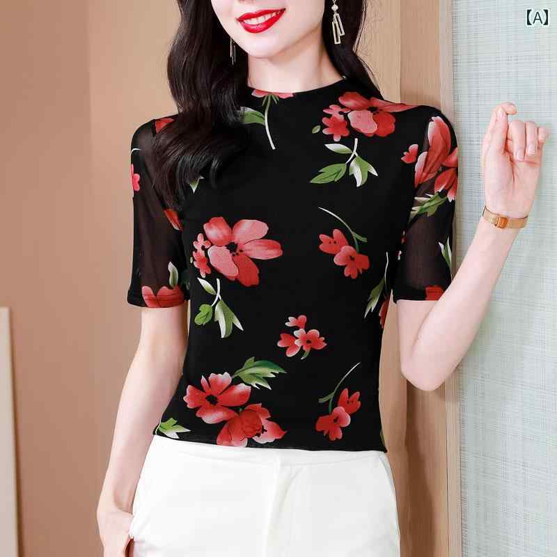 Short Sleeves - レディース シャツ ブラウス Tシャツ 花柄 半袖 夏 上品 マザー ノーブル スタイリッシュ ショッピング オフィス 学校行事 快適コーデ