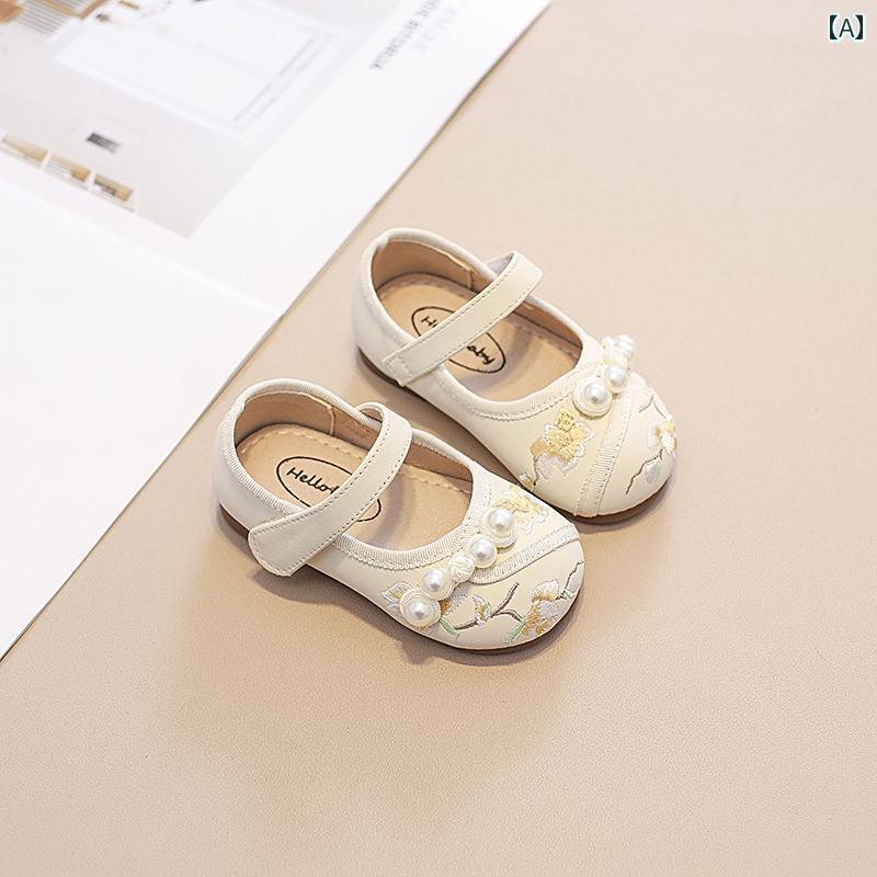 ベビー キッズ シューズ レザー パーティー エレガント パール 滑りにくい 漢服 子供 アンティーク プ..