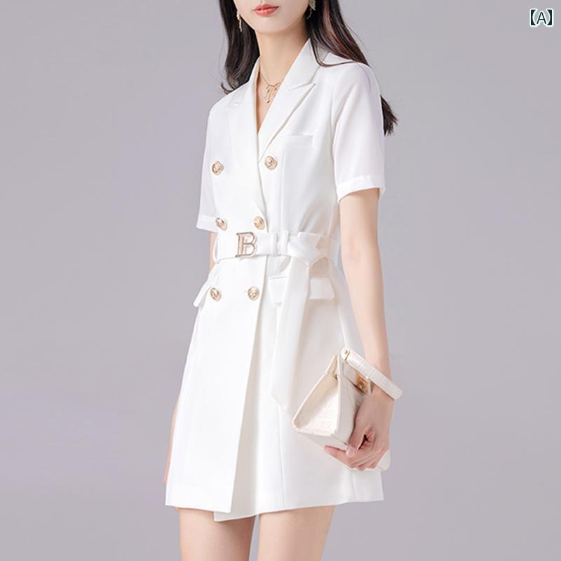 ワンピース きれいめ フォーマル レディース 夏 半袖 ヒップスカート ショートスカート ハイウエスト ダブルブレスト 単体 フレンチ風 レディース エレガント オフィス ビジネス