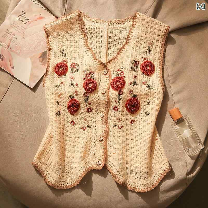 Camisoles - かぎ針編み ベスト レディース ファッション 夏 薄手 花 刺繍 ニットカーディガン レトロ フラワー ボタン
