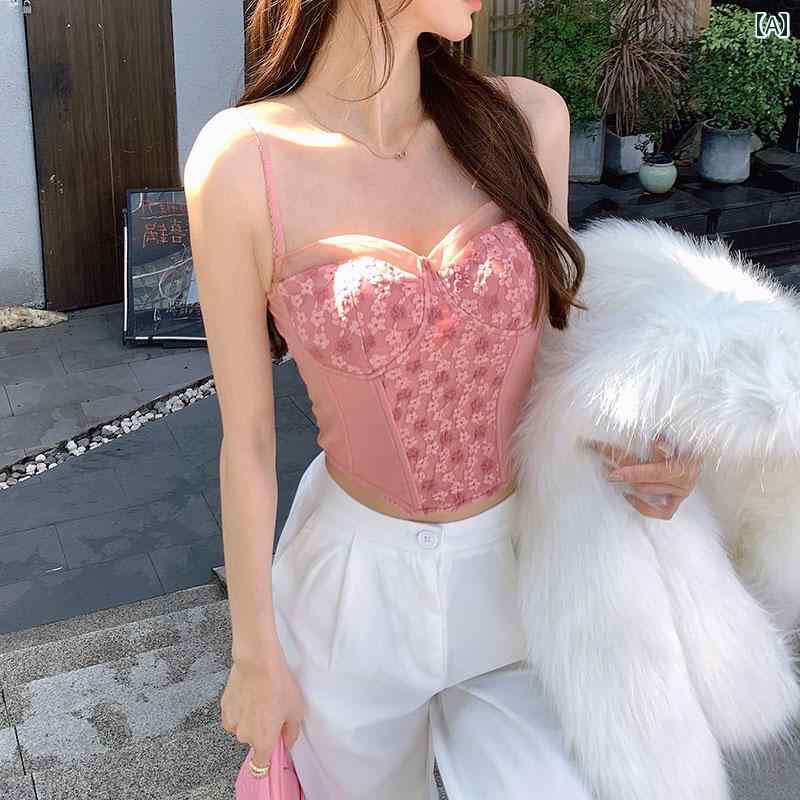 レディース ビスチェ キャミソール ピンク レース フィッシュボーン レディース インナーウェア 魅惑 ガール 胸パッド トップ シェイプウェア(4)