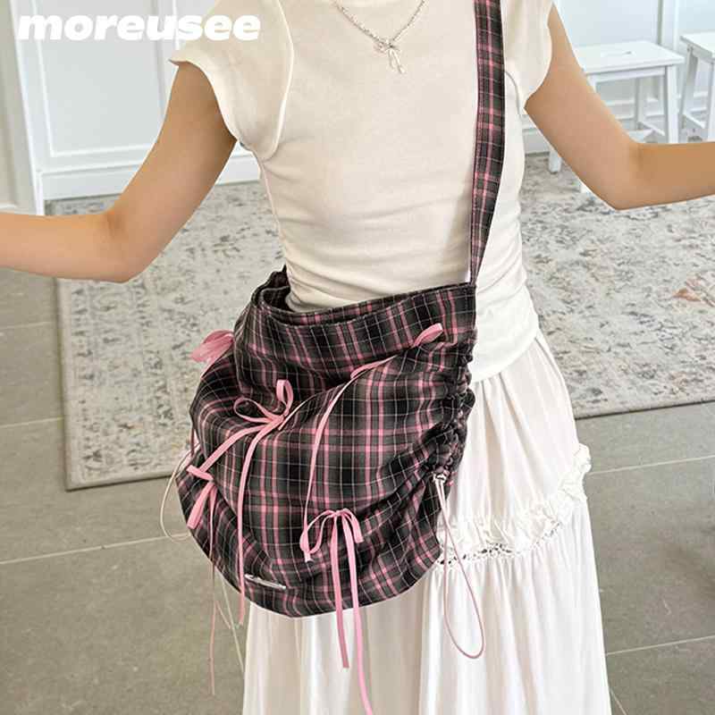 バック 鞄 おしゃれ ファッション カジュアル かわいい チェック リボン シングル ワンショルダー 大容量 調節可能 クロスボディ レディース ナイロン