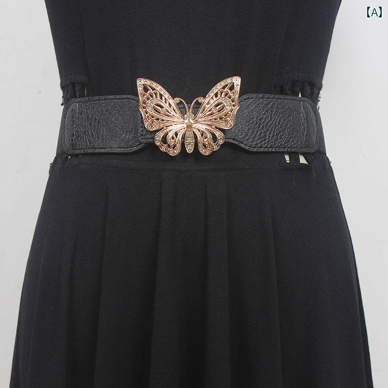 ベルト 幅広 ウエストマーク レディース ワイド 装飾 スカート 黒 ストレッチ ウエスト バタフライ ド..