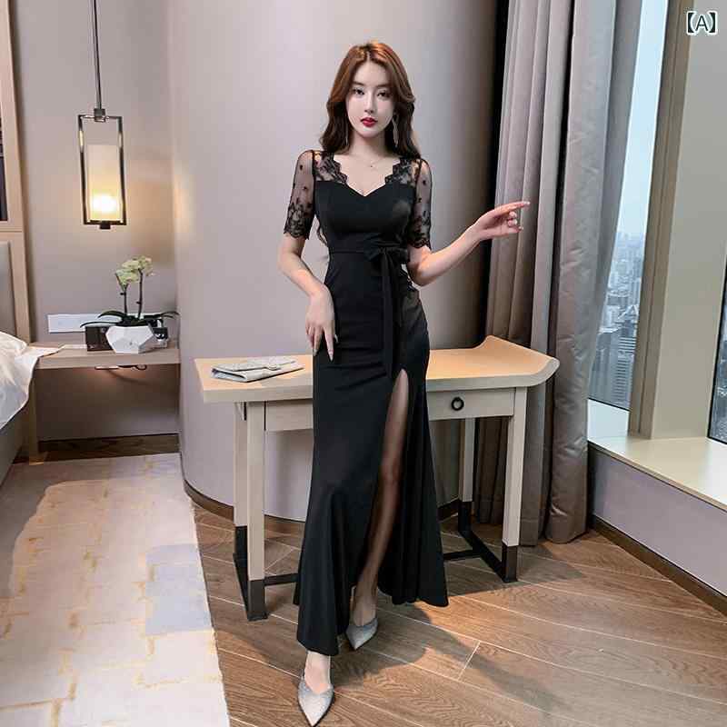 ロングドレス ハイスリット セクシー イブニング レディース フェミニン おしゃれ エレガント グラマー 魅力 華やか 豪華感 パーティー 結婚式 フォーマル キャバ キャバ