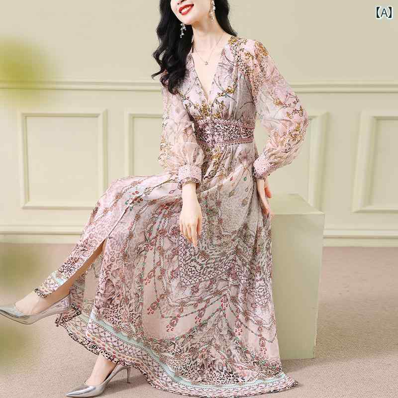 ドレス 秋 レディース 豪華感 アンティーク 豹柄 スカート レトロ パフスリーブ レディース ワンピース Vネック モダン