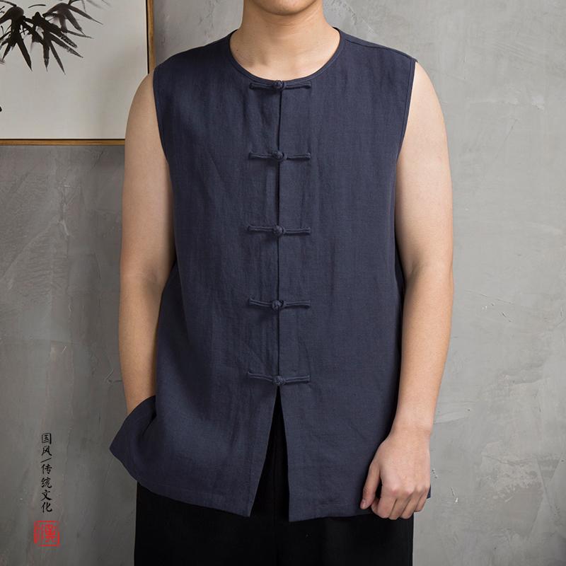 シャツ メンズ 夏 中華風 漢服 綿 リネン ノースリーブ T 中国 レトロ ボタン マンダリン ベスト 唐 ス..