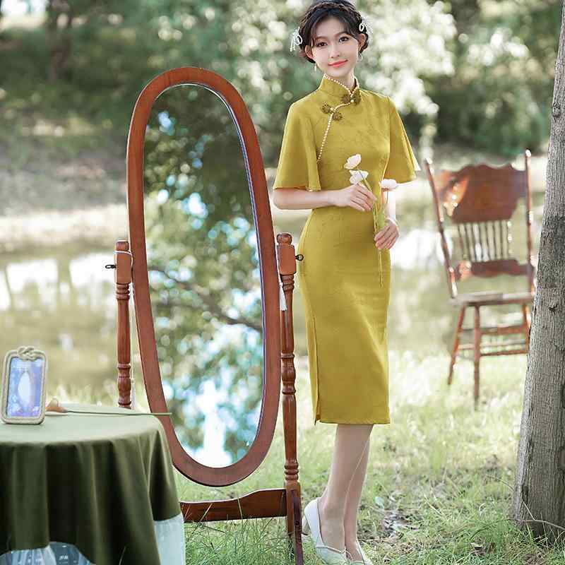 ドレス レディース チャイナ かわいい コスプレ 民族 黄色 日常 スリム フラグ スリーブ ミドル丈 若々しい