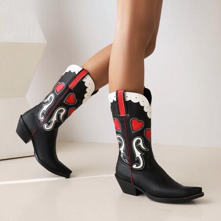 レディース ブーツ y 2 k ミレニア ル ホット ガール レッド ラブ ハート ハイヒール ウエスタン カウボーイブーツ レトロ 太い ヒール 刺繍 騎士 ...