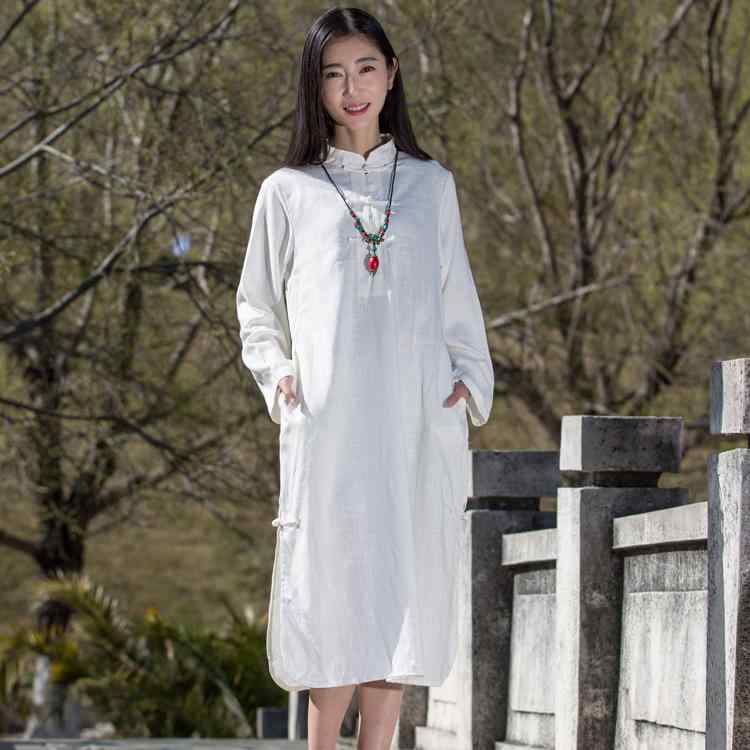 ドレス 修行服 カンフー 太極拳 エスニック 婦人服 スタンドカラー スリムフィット リネン ボタン 瞑想 茶道 スーツ ボトム ロング