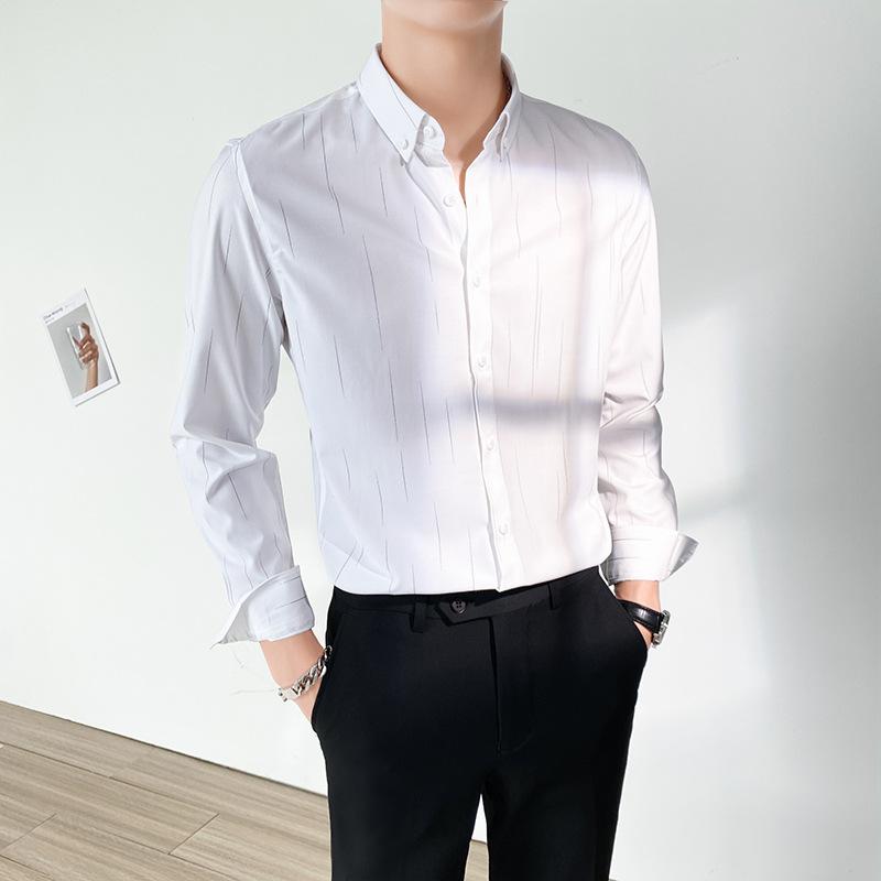 シャツ メンズ 春 カジュアル 長袖 ファッション インチ 韓国 ストライプ シームレスノー アイロン 弾性