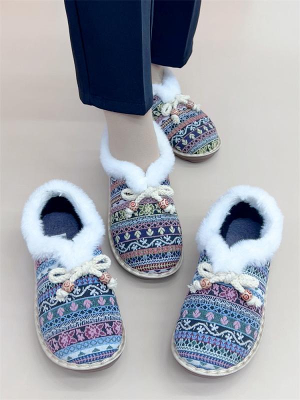 レディース 冬 裏起毛 暖かい 毛皮 靴 古風 布靴 厚く 刺繍 漢服 靴 綿靴 レトロ フラットソール(4.0)