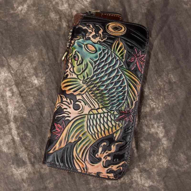 レディース 長財布 最上層 牛革 レトロ 財布 レザーカービング クラッチバッグ 水平 ジッパー バッグ