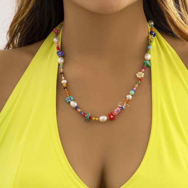 Coral Pink - アクセサリー レディース ネックレス カラフル フラワー ライス ビーズ ネックレス 女性用 アメリカ非対称 甘くて かわいい 鎖骨 チェーン