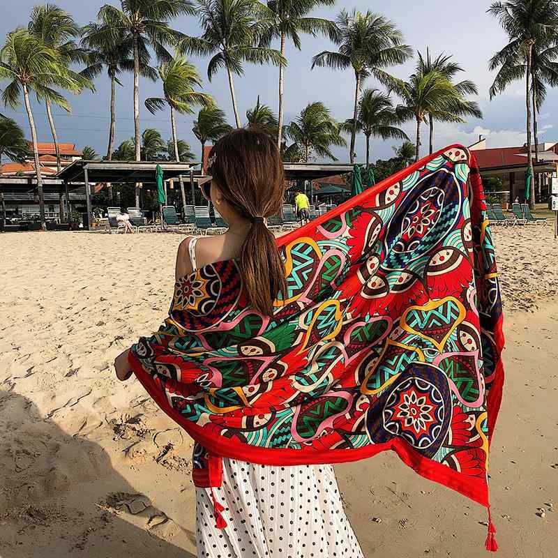 レディース 夏 ショール おしゃれ ショール レトロ ガーゼ スカーフ エスニック 日焼け防止 海辺 大規模 スカーフ 赤 ビーチ スカーフ