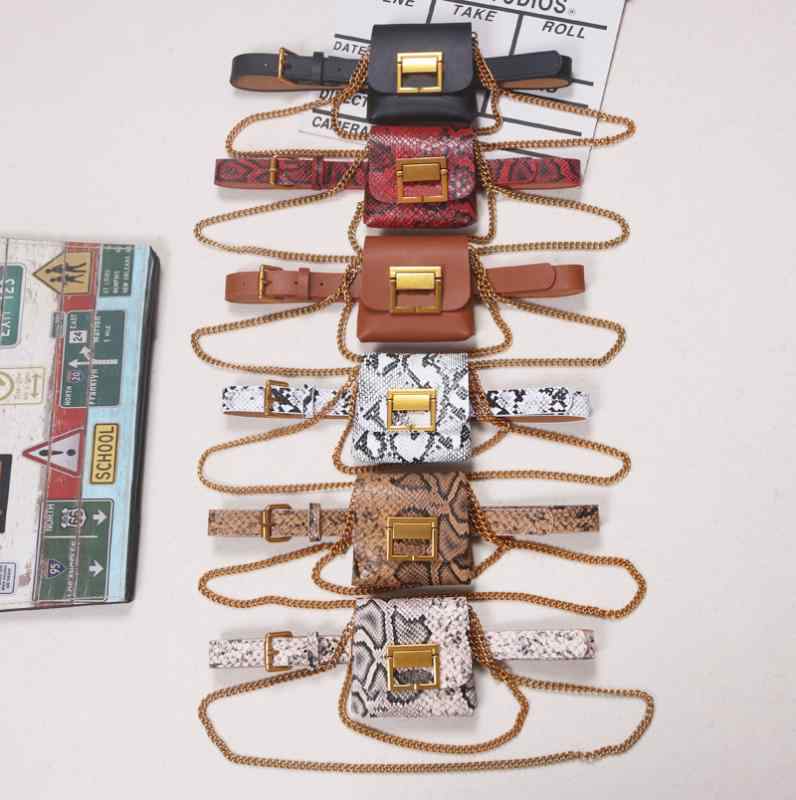 レディース ベルト バッグ 韓国 スーパー ホット ミニ スネーク パターン ゴールドメタル チェーン PU レザー 小さい ウエスト バッグ スクエア ベルト