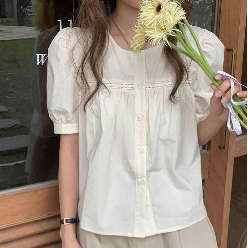 シャツ 夏 トップス 韓国 シック フレッシュ レース スプライシング シングルブレスト ラウンドネック パフ 半袖