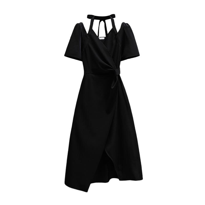 ドレス 夏 大きめ サイズ 女性 フレンチ ウエスト スリム スリット ホルターネック リトル ブラック