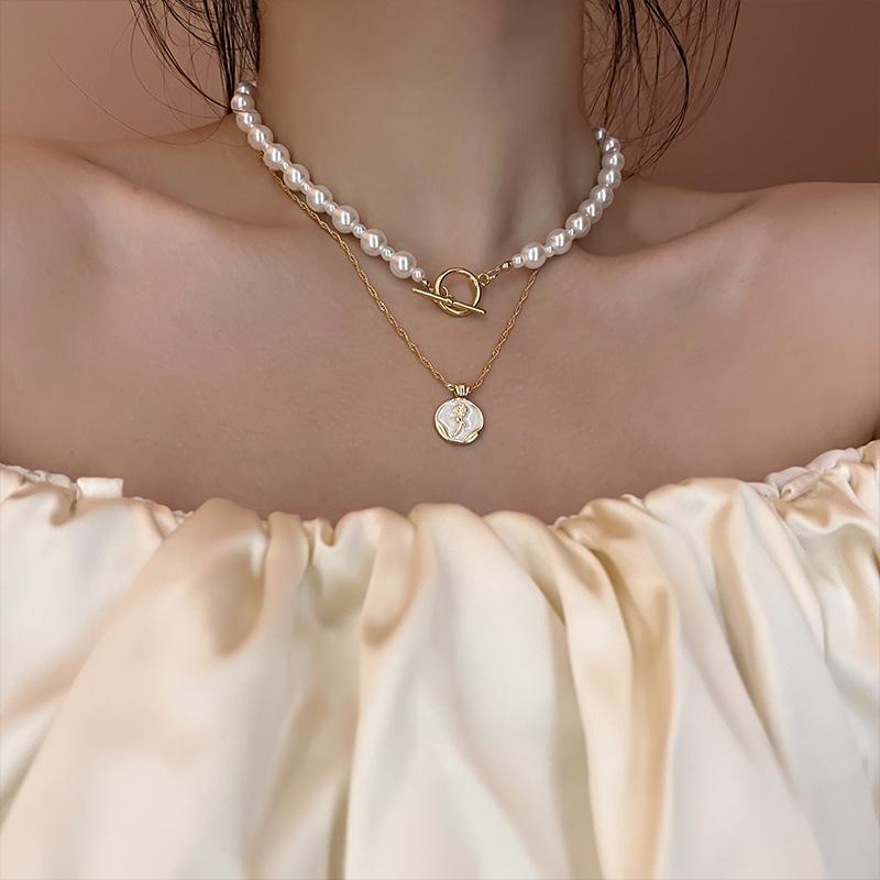 レディース ネックレス ローズ ペンダント パール 2点 セット 二層 スタック ハイエンド 鎖骨 チェーン