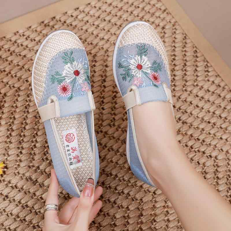 レディース 夏 カジュアル シューズ メッシュ シューズ ウェッジ 刺繍 シューズ 古風 布靴 シューズ 通..
