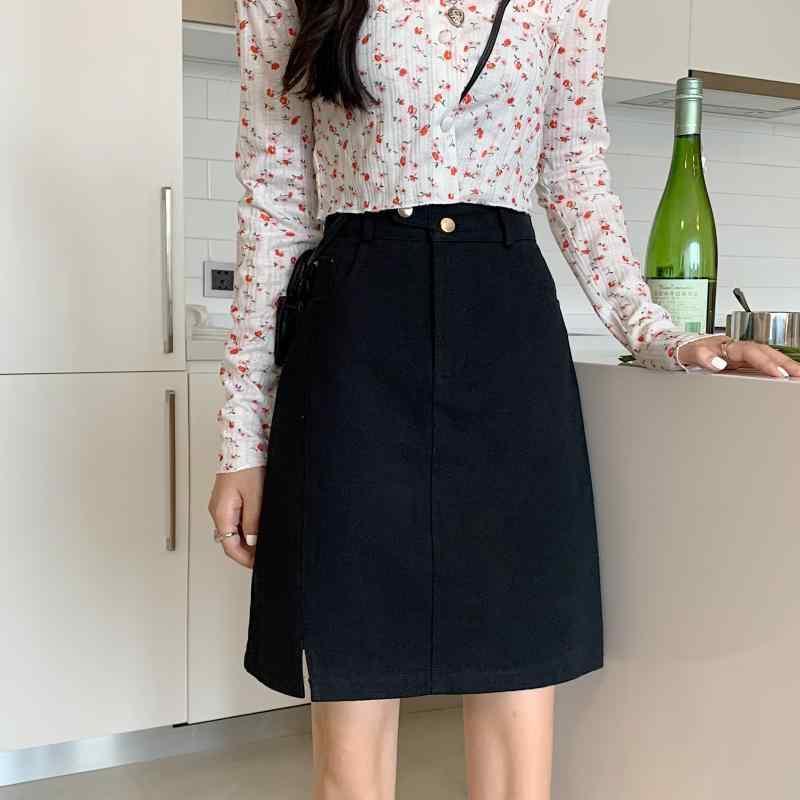 スカート レディース 夏 ボトムス ブラックデニム 用 スリット aライン ミドル丈 大きいサイズ お腹 カバー スリム 腕 ミッド