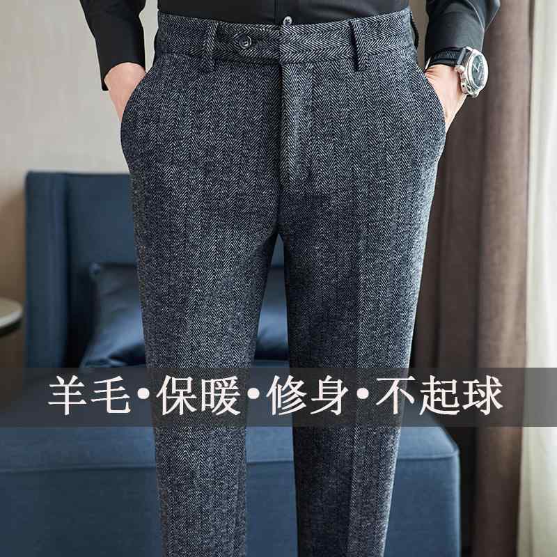 Skinney Pants - メンズ 冬 カジュアル ウール スラックス ズボン スリム ビジネス 裾細 起毛 スーツ ストライプ 長ズボン 厚手 暖かい