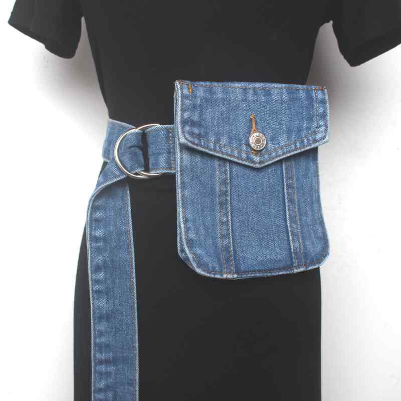 レディース ベルト バッグ ピン バックル デニム ベルト スモール バッグ ベルト 韓国 ファッション デニム アコーディオン ポケット ガードル ベルト ファッション