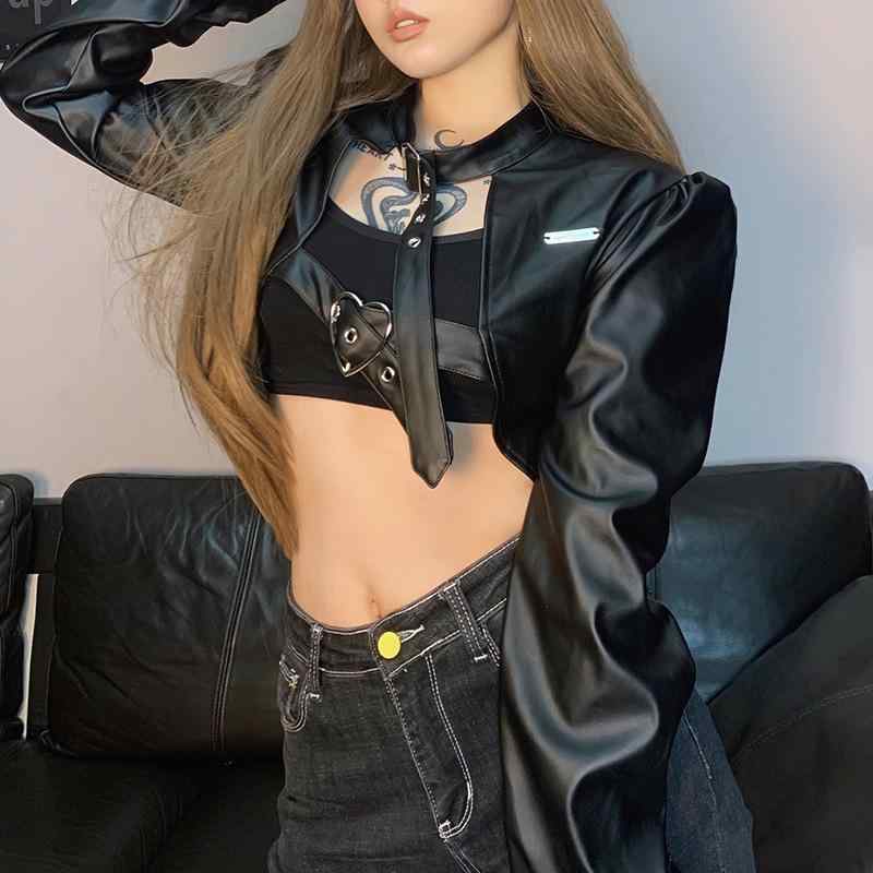 樂天商城 - ジャケット レディース 秋 冬 ファッション スパイシー ストリート スタイリッシュ ショート レザー U レザー 女性 ハイウエスト へそ 露出 トップス