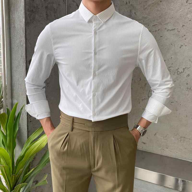 シャツ メンズ 夏 フォーマル 長袖 白 韓国 スリム 若々しい ビジネス ノー アイロン ストライプ
