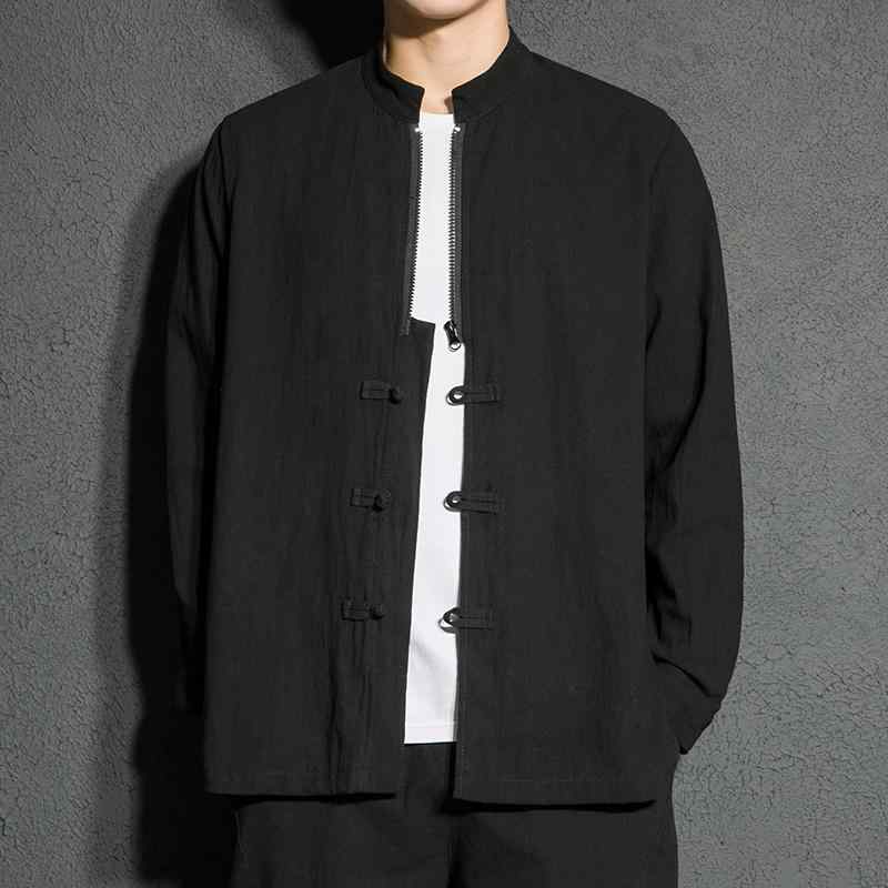 シャツ メンズ 秋 カジュアル 長袖 中華風 ファッション スタンドカラー ディスク バックル 漢服 無地 トップス 唐装 中華風 ファッション(4)