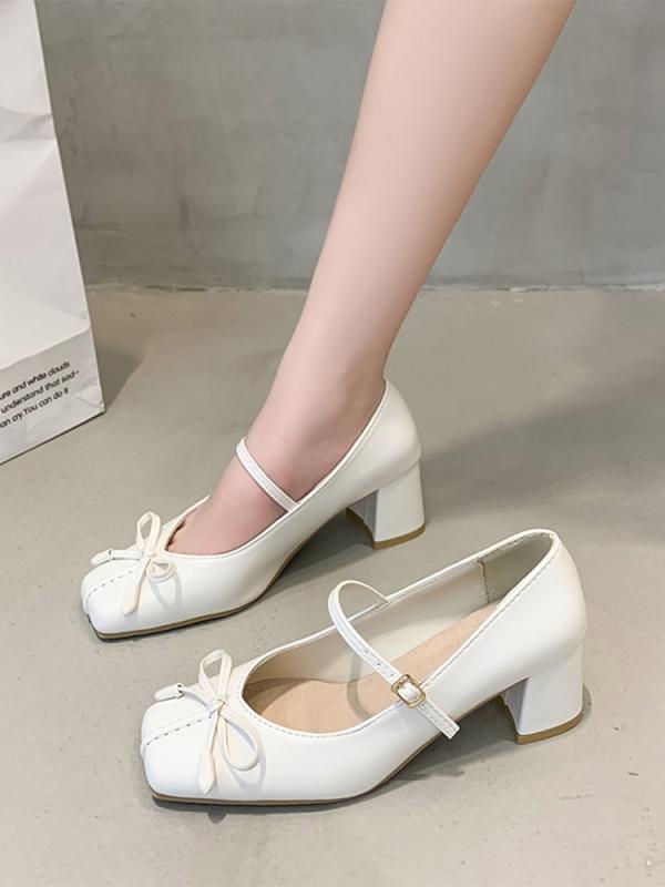 レディース 春 婦人靴 厚手カカト 靴 蝶 ネクタイ 優しい 浅い スクエアトゥ フレンチ ハイヒール