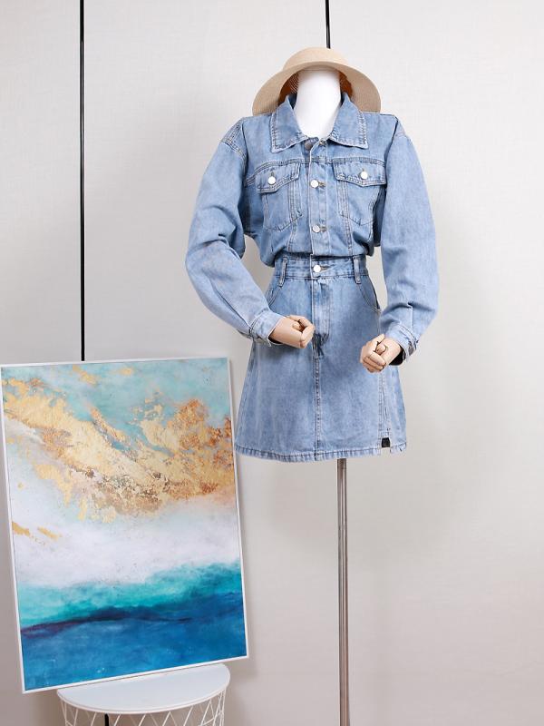 ドレス レディース 秋 春 長袖 ショート 小さい a ライン デニム ハイウエスト スカイブルー