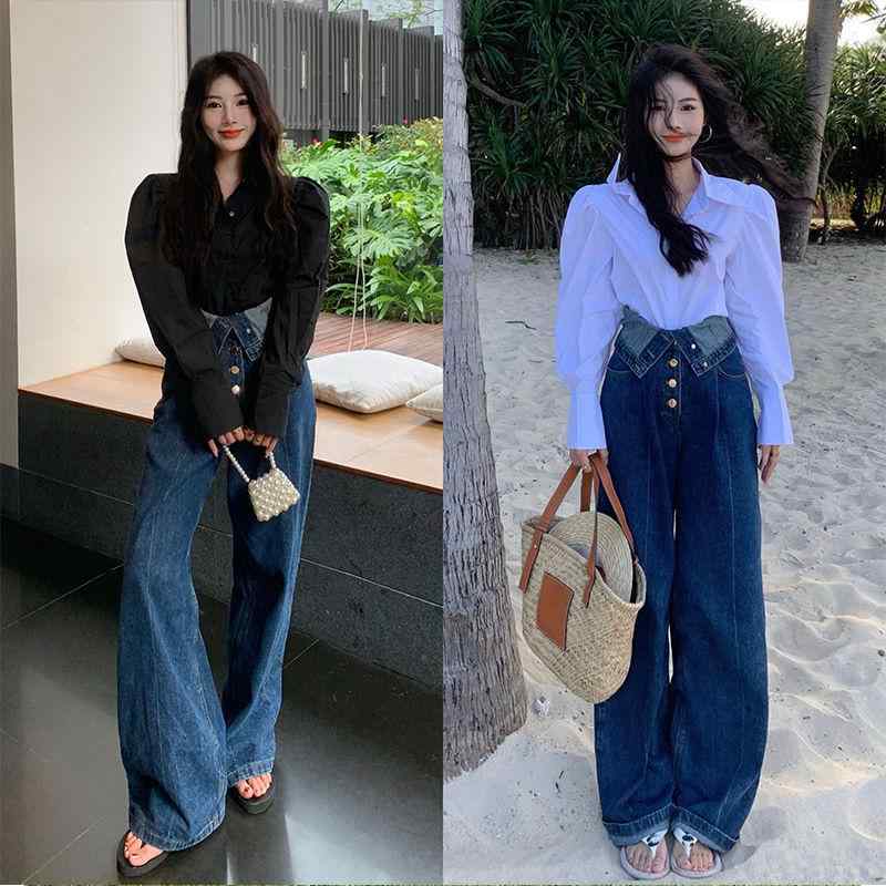 パンツ レディース 秋 春 ボトムス レトロ スーパーハイウエ スト ワイド レッグ ジーンズ 大きめ サイ..