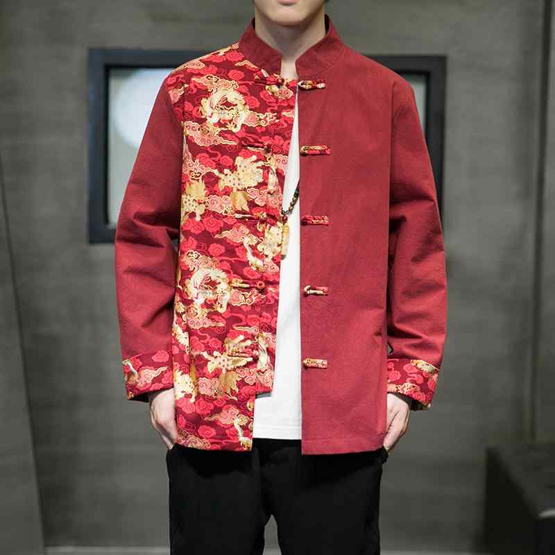 ジャケット メンズ 修行服 カンフー 太極拳 中華風 綿 リネン スプライシング 対照的 色 ディスク バックル 唐 スーツ スタンドカラー チュニック レトロ 衣装 瞑想 服