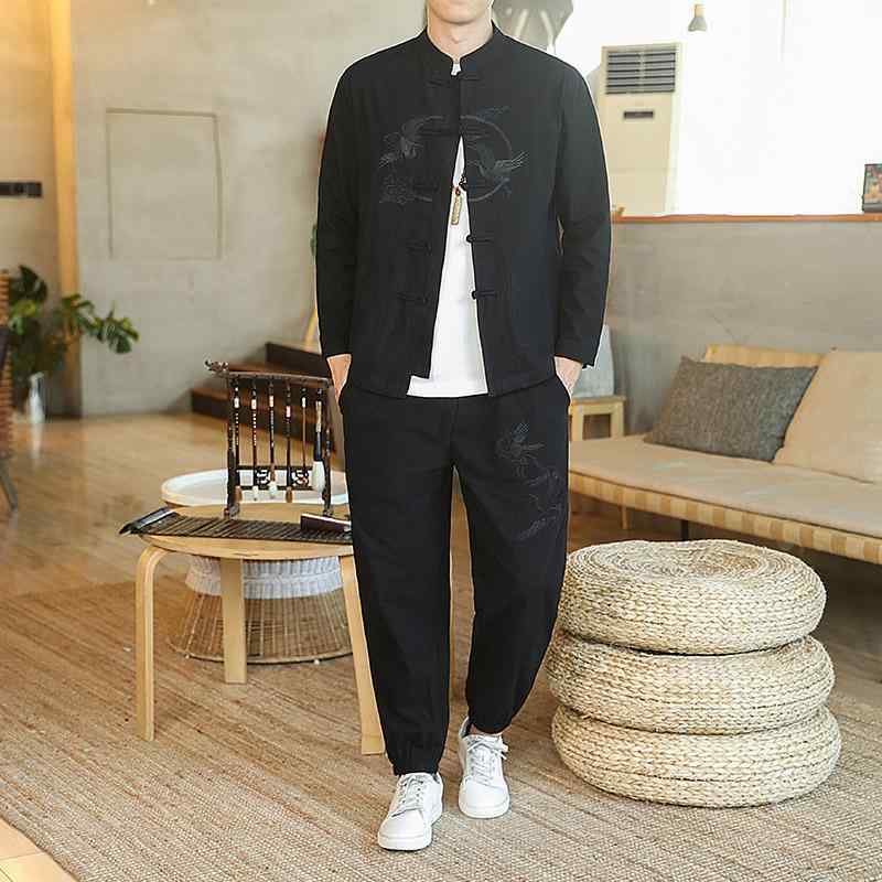 メンズ 秋 春 中国 刺繍 唐 スーツ スーツ 中華風 紳士服 綿 リネン ファッション チュニック スーツ レトロ ツーピース セット