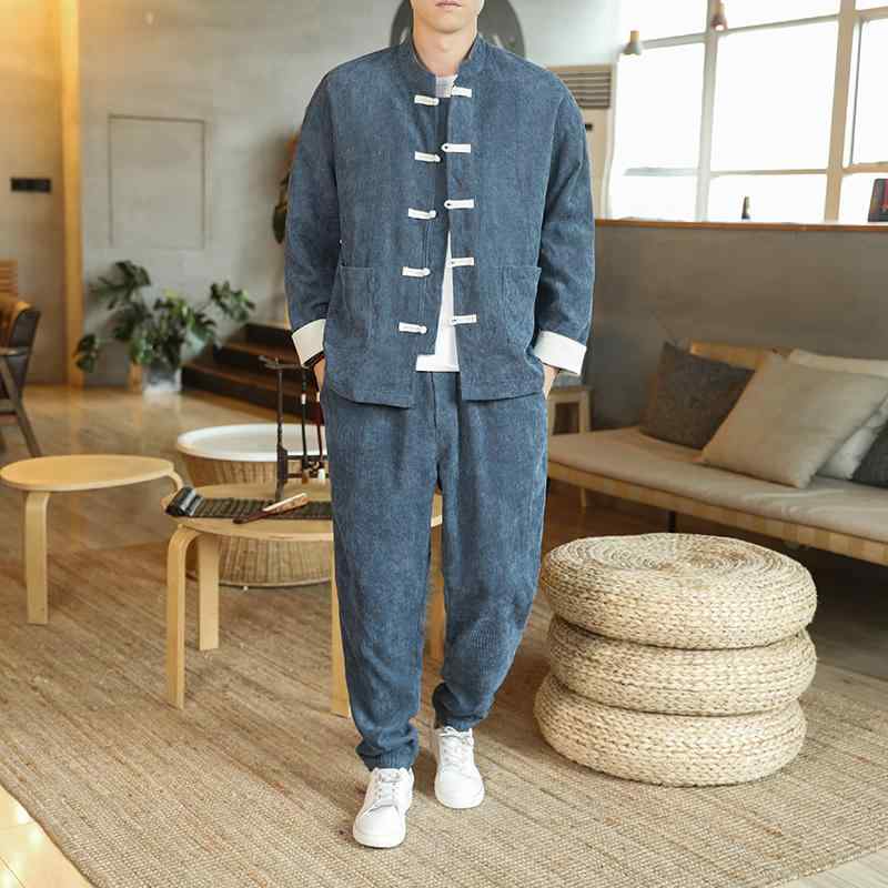 メンズ 秋 冬 カジュアル 長袖 中華風 唐装 スーツ プレート バックル 韓服 レトロ 無地 チュニック スーツ