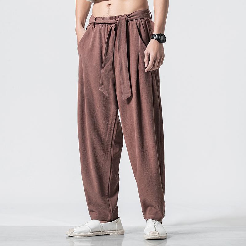 Men's Cotton Pants, Autumn Casual, Chinese Style, Tang Suit, Hanbok, Elastic Linen, Street Style, Retro, Wide Leg, Lantern