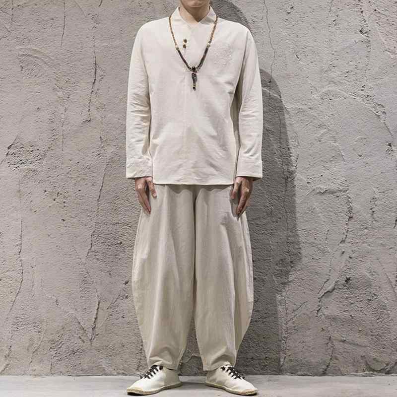 シャツ メンズ 春 カジュアル 長袖 中華風 アンティーク Vネック 漢服 スーツ T 2点 セット 綿 リネン 大きいサイズ トップス ズボン
