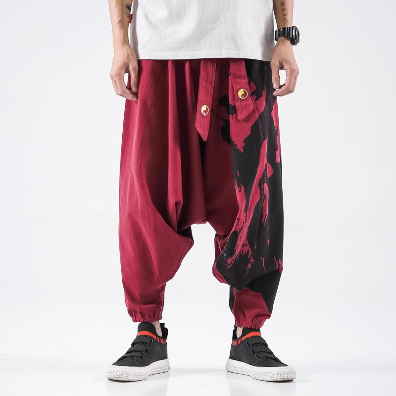 パンツ メンズ 秋 中華風 ロー クロッチ 裾細 ワイド レッグ ヒップ ホップ 九分丈