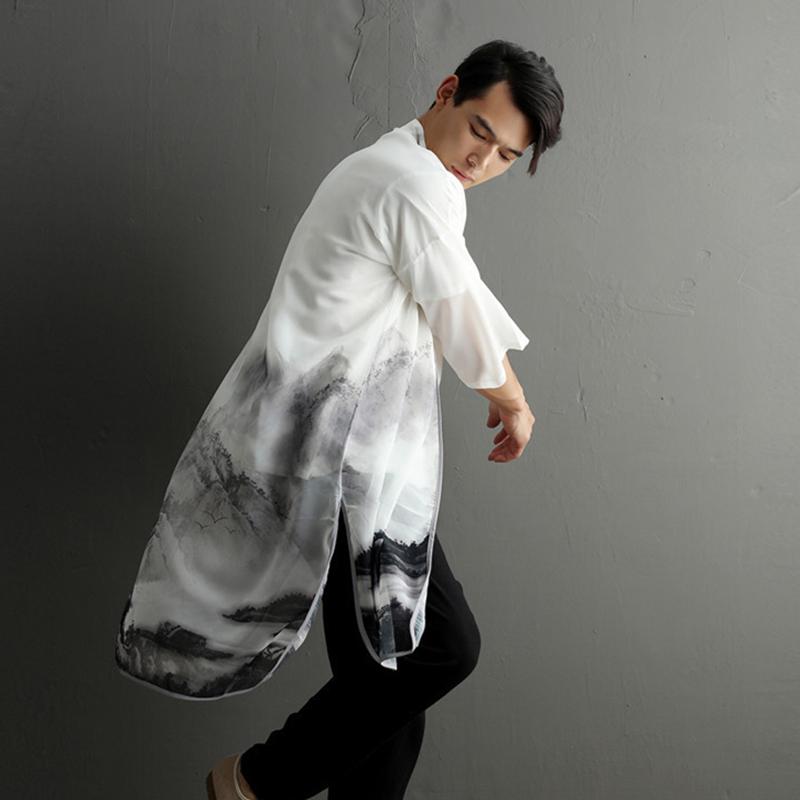 コート メンズ 夏 シフォン 薄手 レトロ ロング インク カーディガン 日焼け防止 中華風 アウター ショール